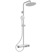 Ceratherm S200 exposed thermostatic shelf shower system with Idealrain round rainshower, 3 function Idealrain Evo Jet round handspray and 1.75m Ideaflex hose