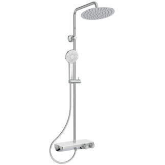 Ceratherm S200 exposed thermostatic shelf shower system with Idealrain round rainshower, 3 function Idealrain Evo Jet round handspray and 1.75m Ideaflex hose