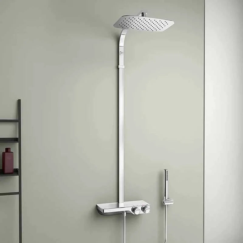 Ceratherm S200 exposed thermostatic shelf shower system with Idealrain 300x200mm rectangular rainshower, rectangular riser pipe, Idealrain stick handspray and 1.5m Ideaflex hose