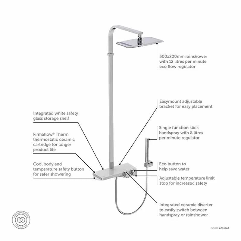 Ceratherm S200 exposed thermostatic shelf shower system with Idealrain 300x200mm rectangular rainshower, rectangular riser pipe, Idealrain stick handspray and 1.5m Ideaflex hose