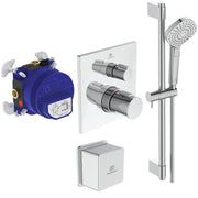 Ceratherm C100 exposed thermostatic shower system with Idealrain 300mm square rainshower, rectangular riser pipe, square stick handspray and 1.75mm Idealflex hose