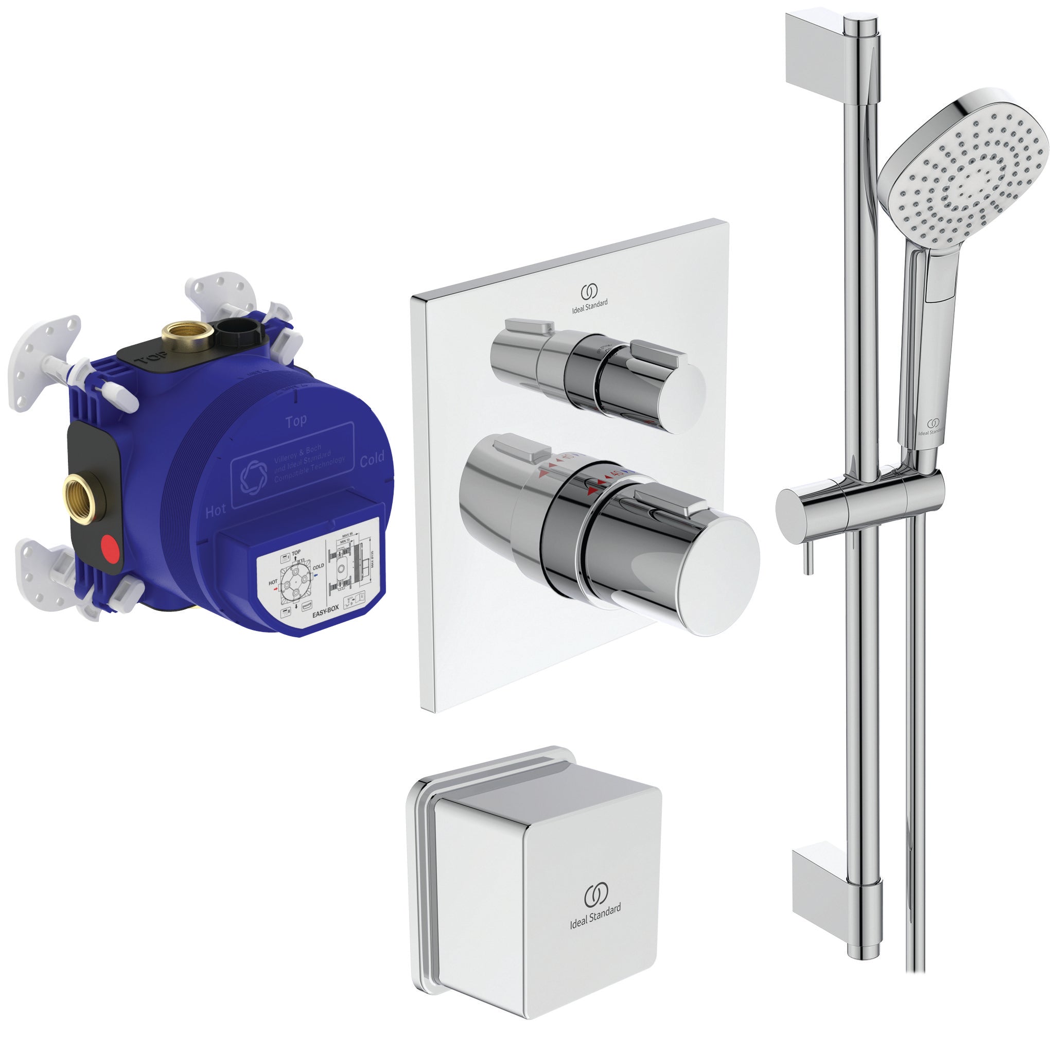 Ceratherm C100 exposed thermostatic shower system with Idealrain 300mm square rainshower, rectangular riser pipe, square stick handspray and 1.75mm Idealflex hose