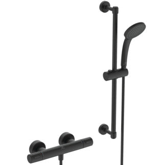 Ceratherm T25 exposed thermostatic shower mixer pack with idealrain s3 3 function ø80 handspray, 600mm rail and 1.25m hose - Silk Black