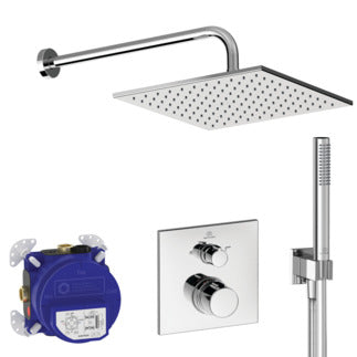 Ceratherm C100 built-in thermostatic 2 outlet shower set with Idealrain 300mm square rainshower head, 400mm wall arm, stick handspray, square wall elbow bracket and 1.75m Idealflex hose