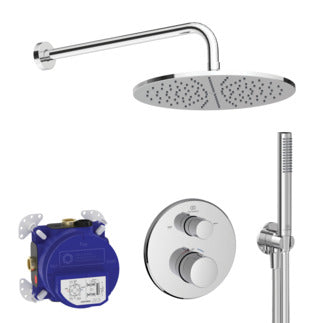 Ceratherm T100 built-in thermostatic 2 outlet shower set with Idealrain 300mm round rainshower head, 400mm wall arm, stick handspray, round wall elbow bracket and 1.75m Idealflex hose