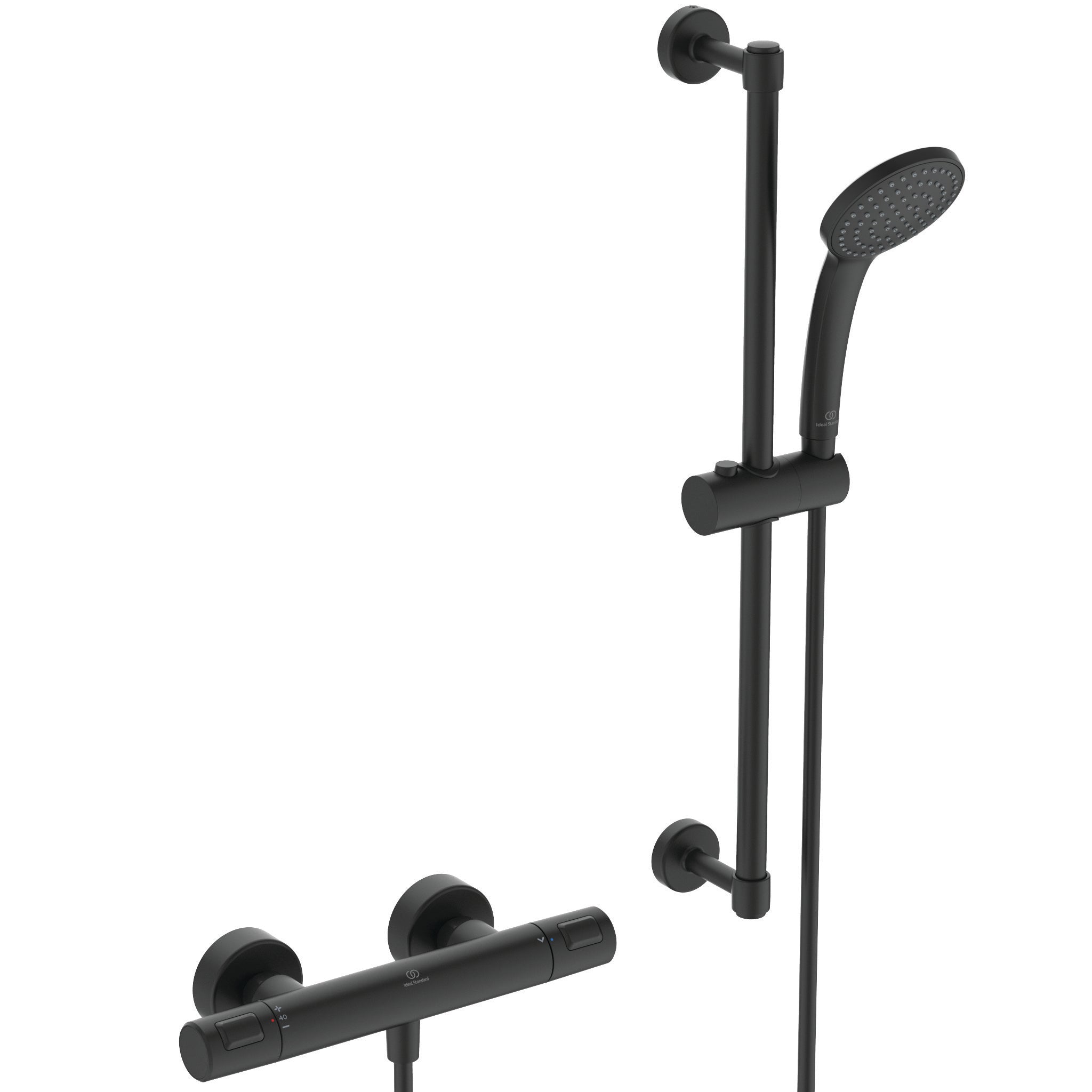 Ceratherm T100 built-in thermostatic 2 outlet shower set with Idealrain 300mm round rainshower head, 400mm wall arm, stick handspray, round wall elbow bracket and 1.75m Idealflex hose - Silk Black