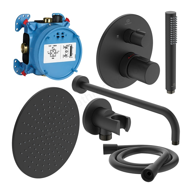 Ceratherm T100 built-in thermostatic 2 outlet shower set with Idealrain 300mm round rainshower head, 400mm wall arm, stick handspray, round wall elbow bracket and 1.75m Idealflex hose - Silk Black