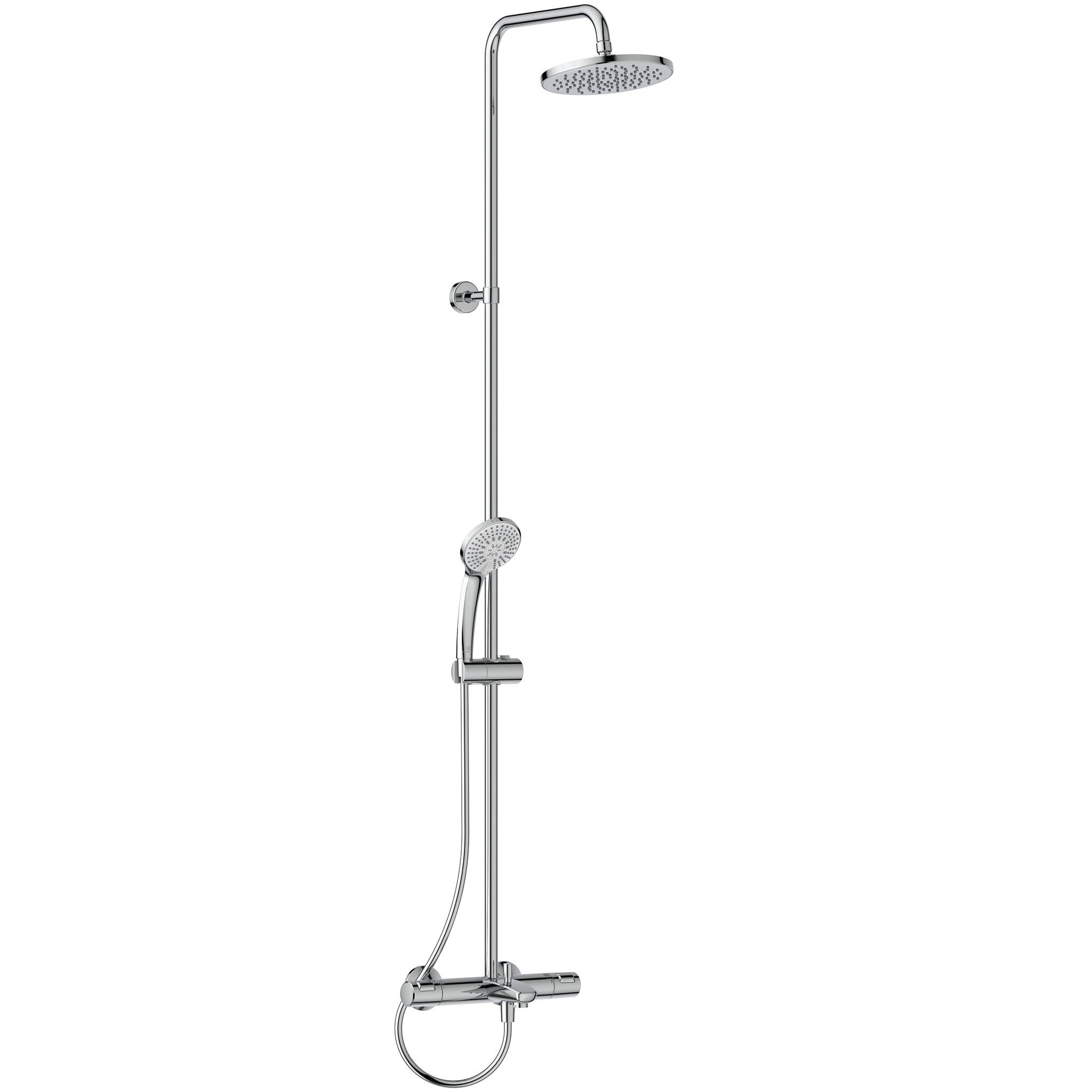 Ceratherm T25 exposed thermostatic bath shower system with Idealrain 200mm round rainshower, Idealrain M3 3 function 100mm shower handspray and 1.75m Idealflex hose