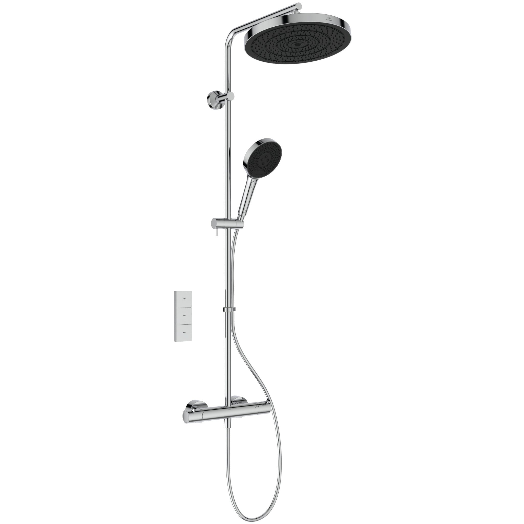 Ceratherm T125 exposed thermostatic shower system with Idealrain 300mm round rainshower on swivelling arm, Idealrain stick handspray and 1.75m Idealfex hose