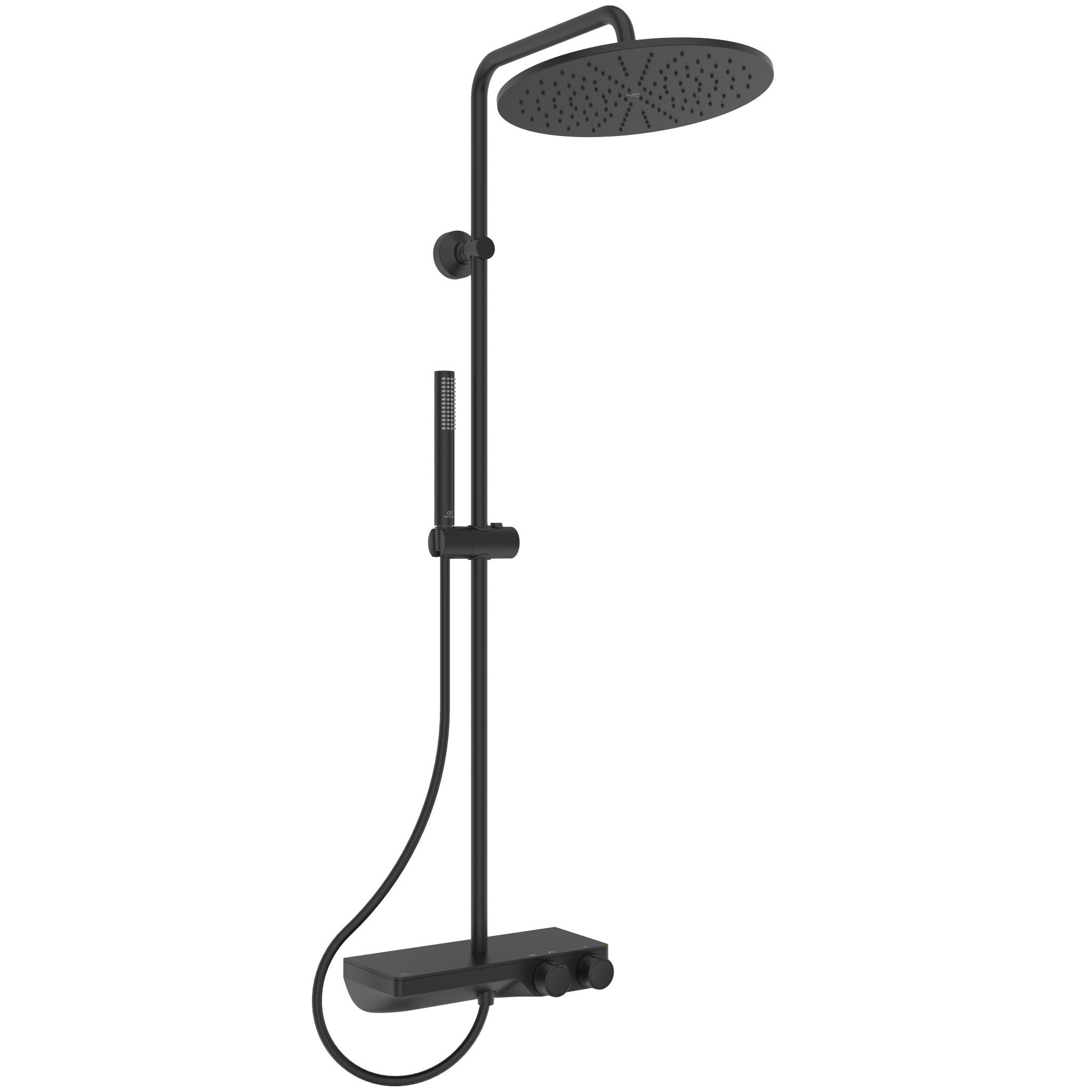 Ceratherm S200 exposed thermostatic shelf shower system with Idealrain round rainshower, 3 function Idealrain Evo Jet round handspray and 1.75m Ideaflex hose