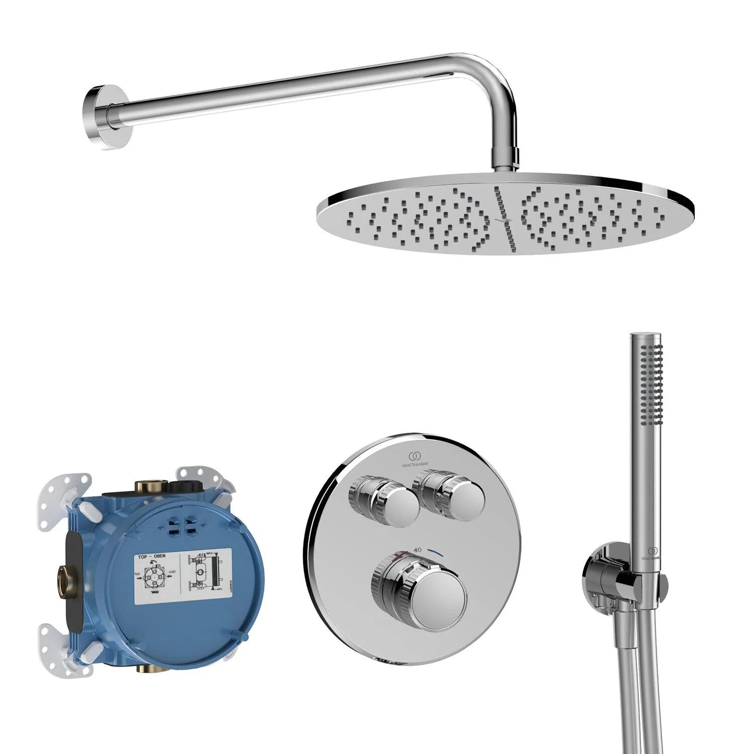 Ceratherm Navigo built-in thermostatic 2 outlet round shower set with Idealrain round 300mm fixed rainshower head, 400mm wall arm, stick handspray, round wall elbow bracket and 1.75m Idealflex hose, chrome