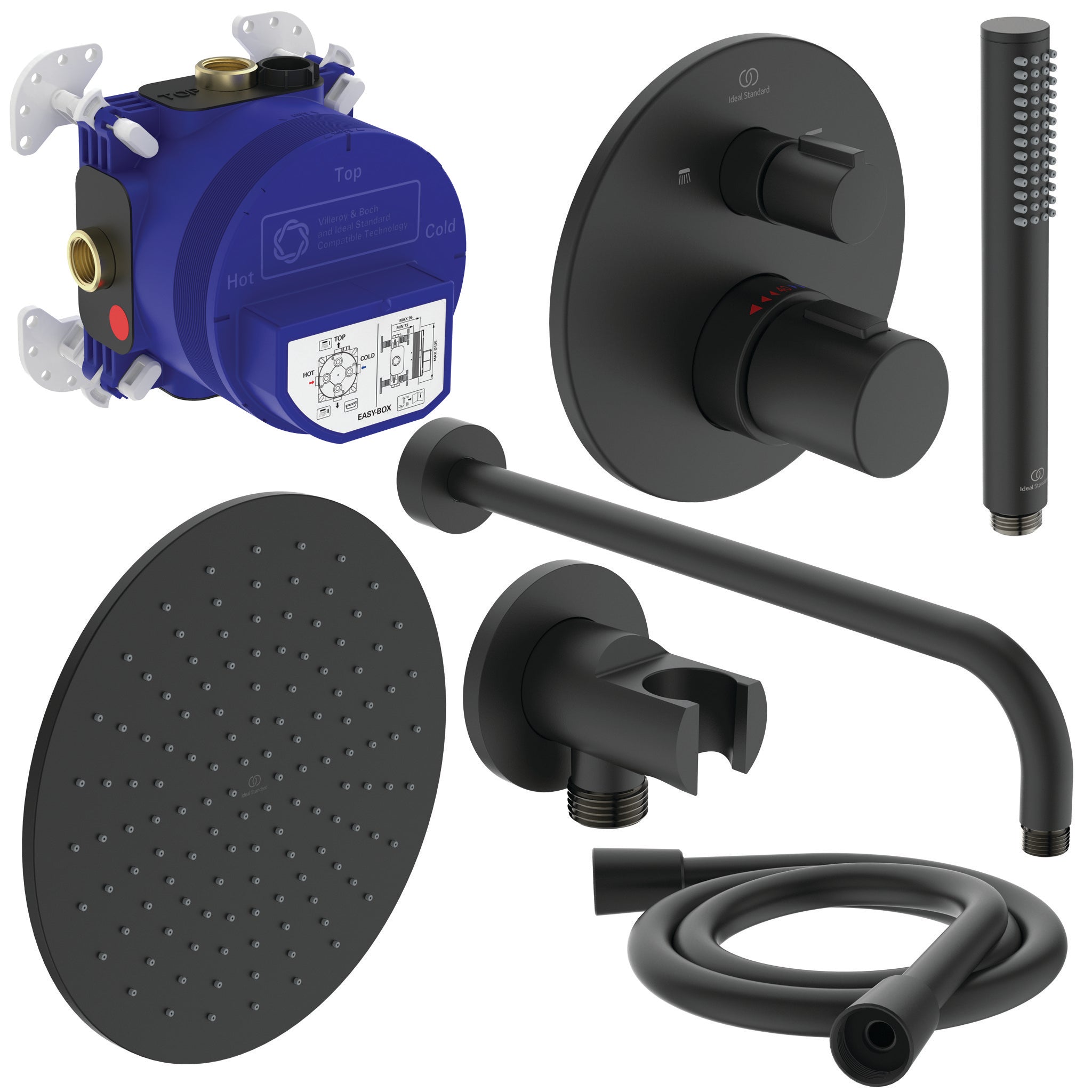 Ceratherm Navigo built-in thermostatic 2 outlet square shower set with Idealrain square 300mm fixed rainshower head, 400mm wall arm, stick handspray, round wall elbow bracket and 1.75m Idealflex hose, chrome