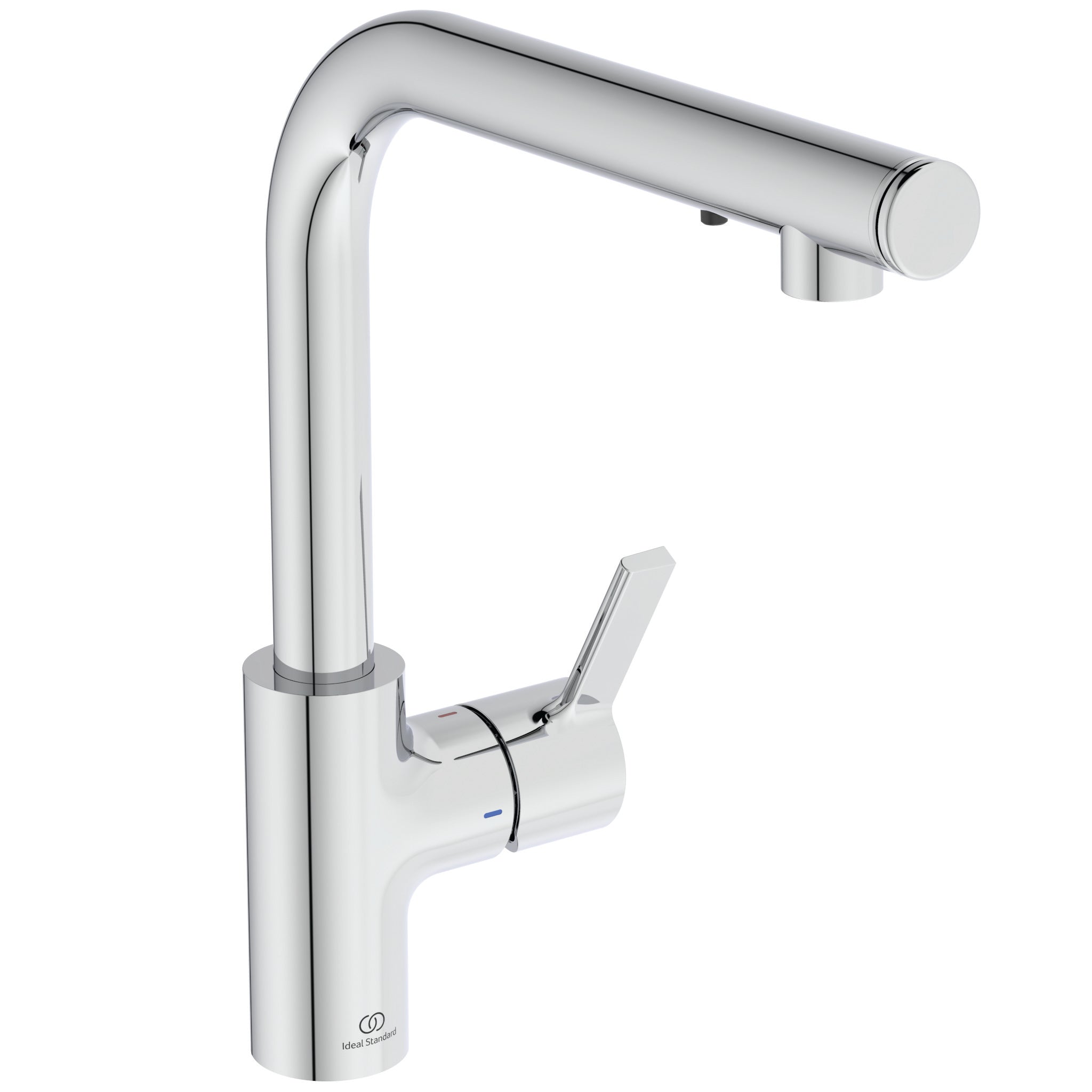 Gusto iMX single lever 1 tap hole round L shaped spout sink mixer with push button soap dispenser and blue start technology