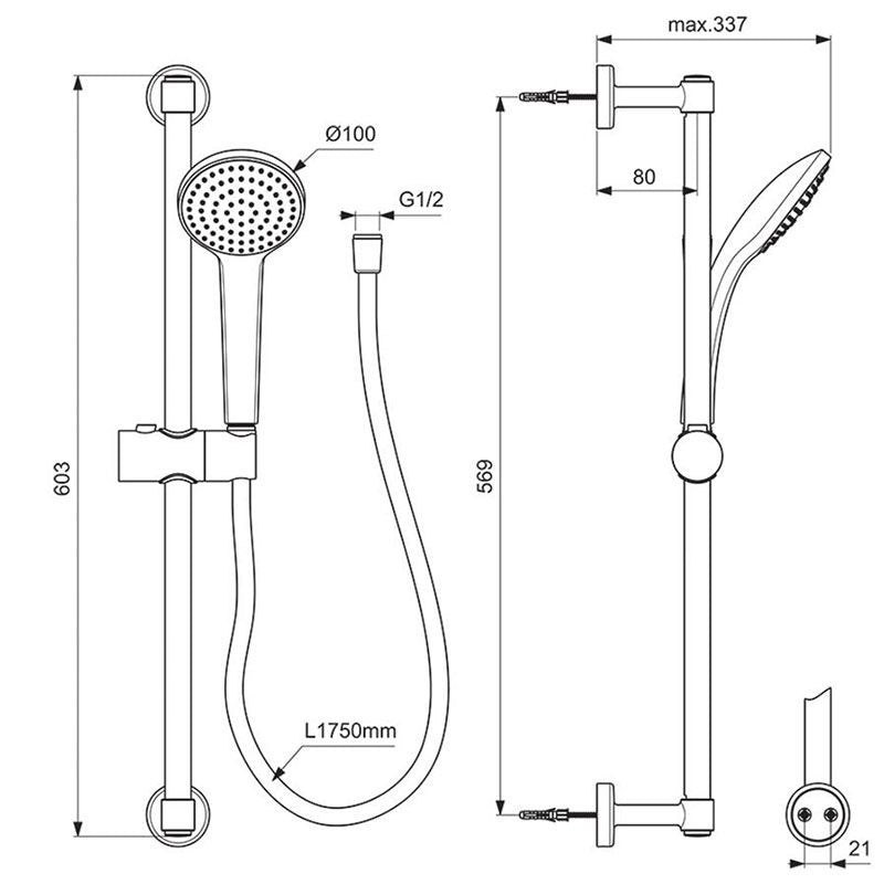 Idealrain m1 shower kit with single function ø100mm shower handspray, 600mm rail and 1.75m hose - Silk Black