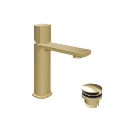 Cameo Leverless Mono Basin Mixer 5 l/min Flow Regulator + Universal Basin Waste Satin Brass