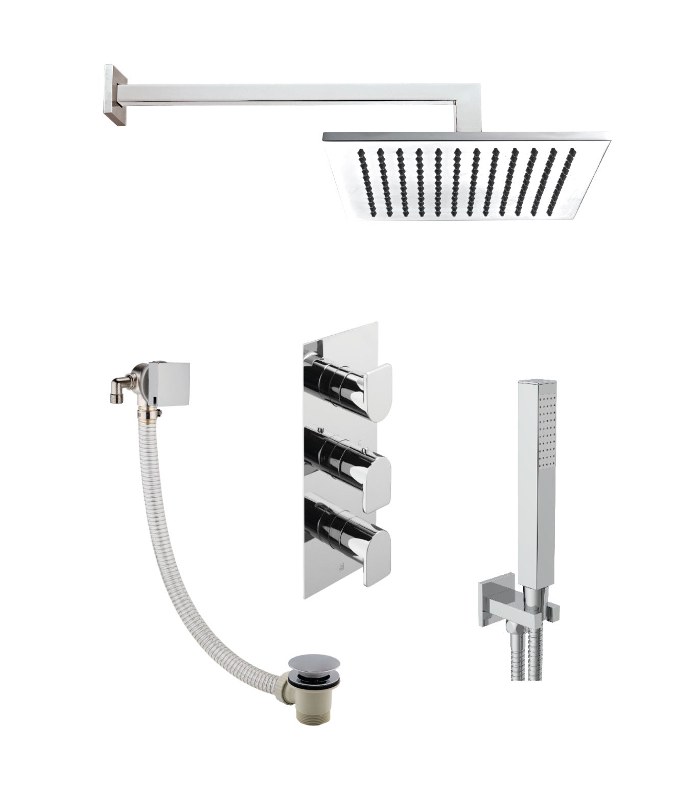 FORM 2 OUTLET SHOWER VALVE, ARM 400MM, OVERHEAD SHOWER 200MM, WATER OUTLET AND HOLDER, EXOFIL CLICK CLACK