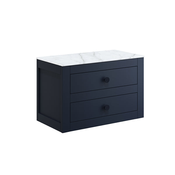 Crosswater Canvass 700 Double Drawer Unit Indigo Blue with Carrara Marble Effect Worktop