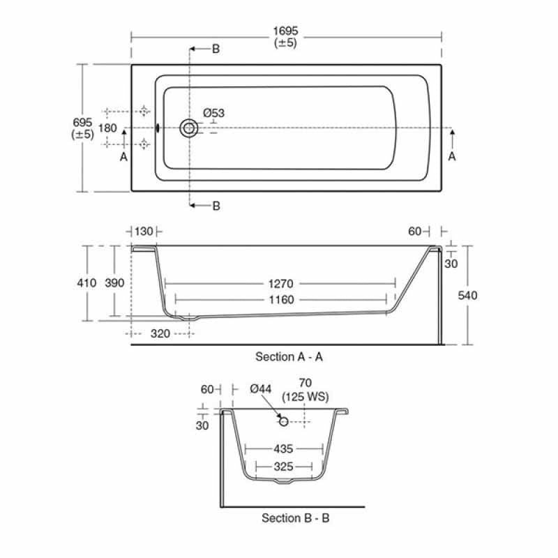 Tempo Arc 170 x 70cm bath - no tap holes