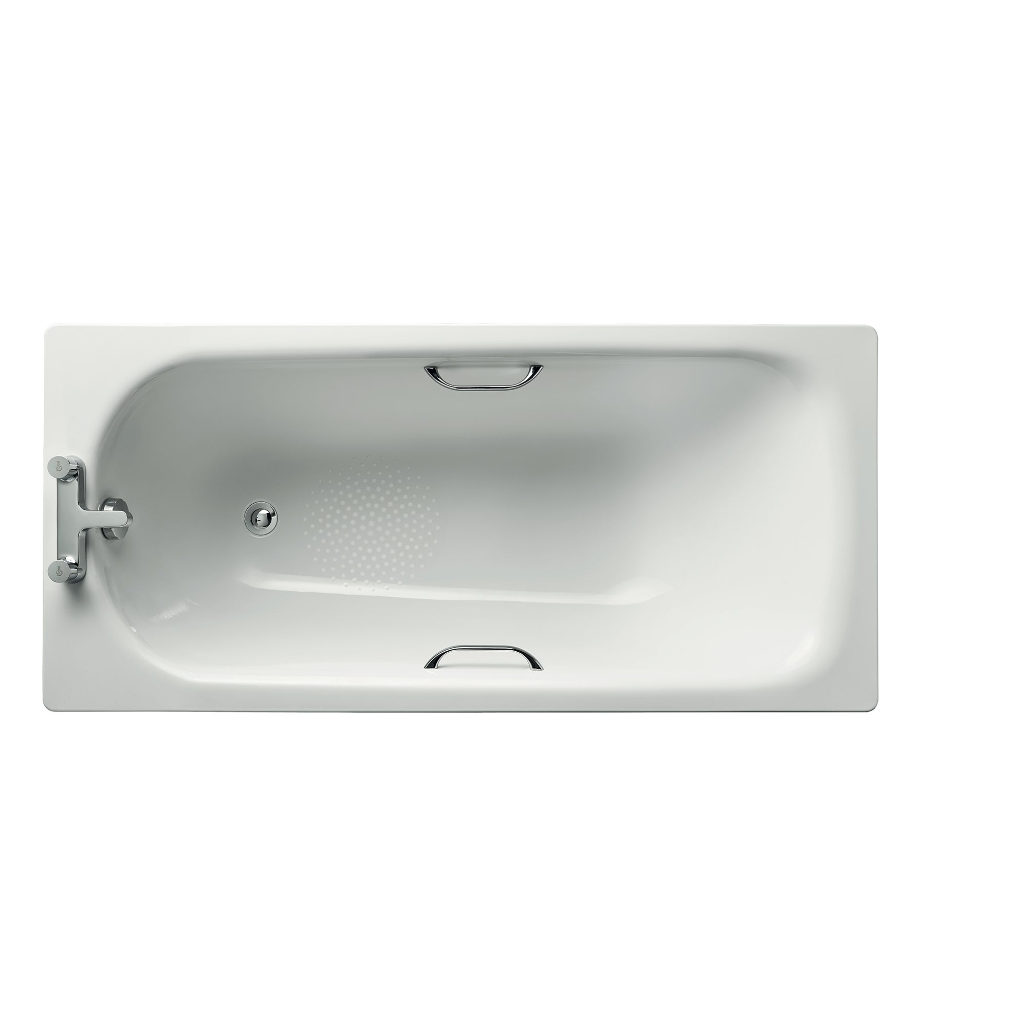 Simplicity standard gauge steel bath with chrome plated grips, anti slip and two tapholes