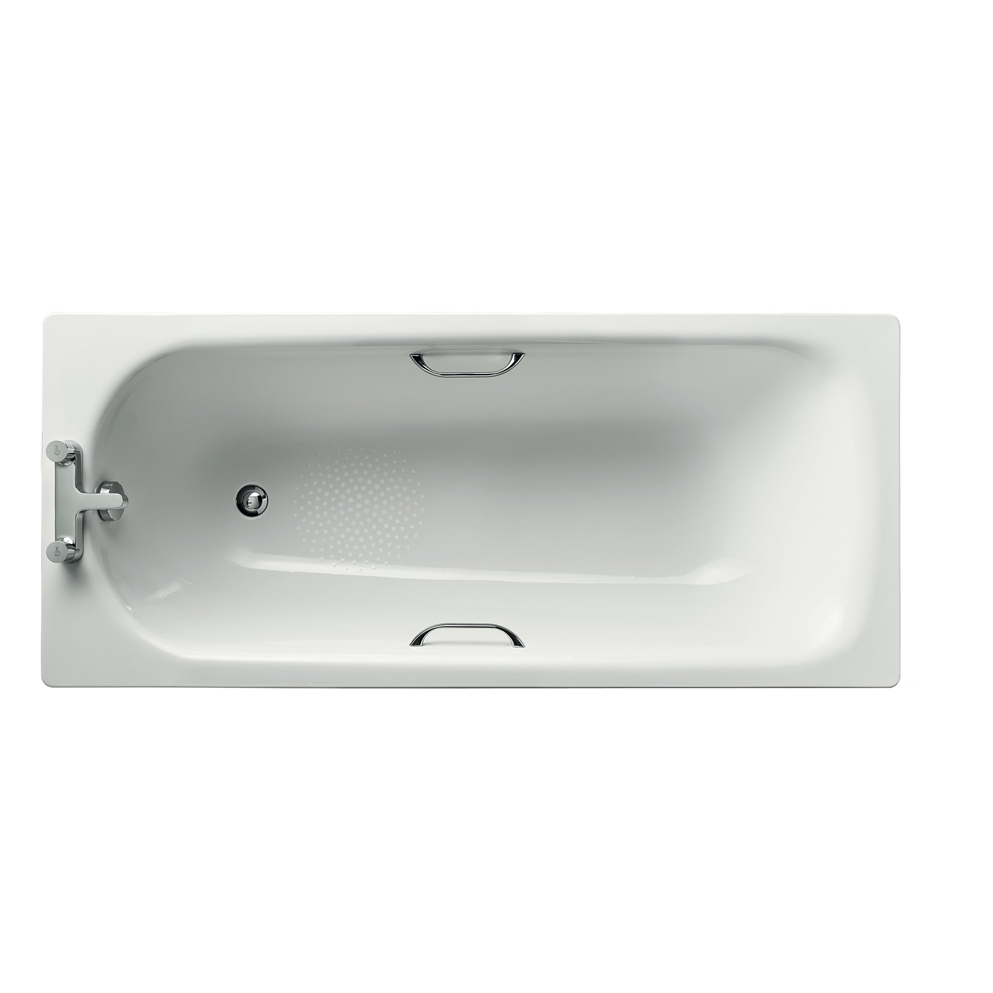 Simplicity standard gauge steel bath with chrome plated grips, anti slip and two tapholes