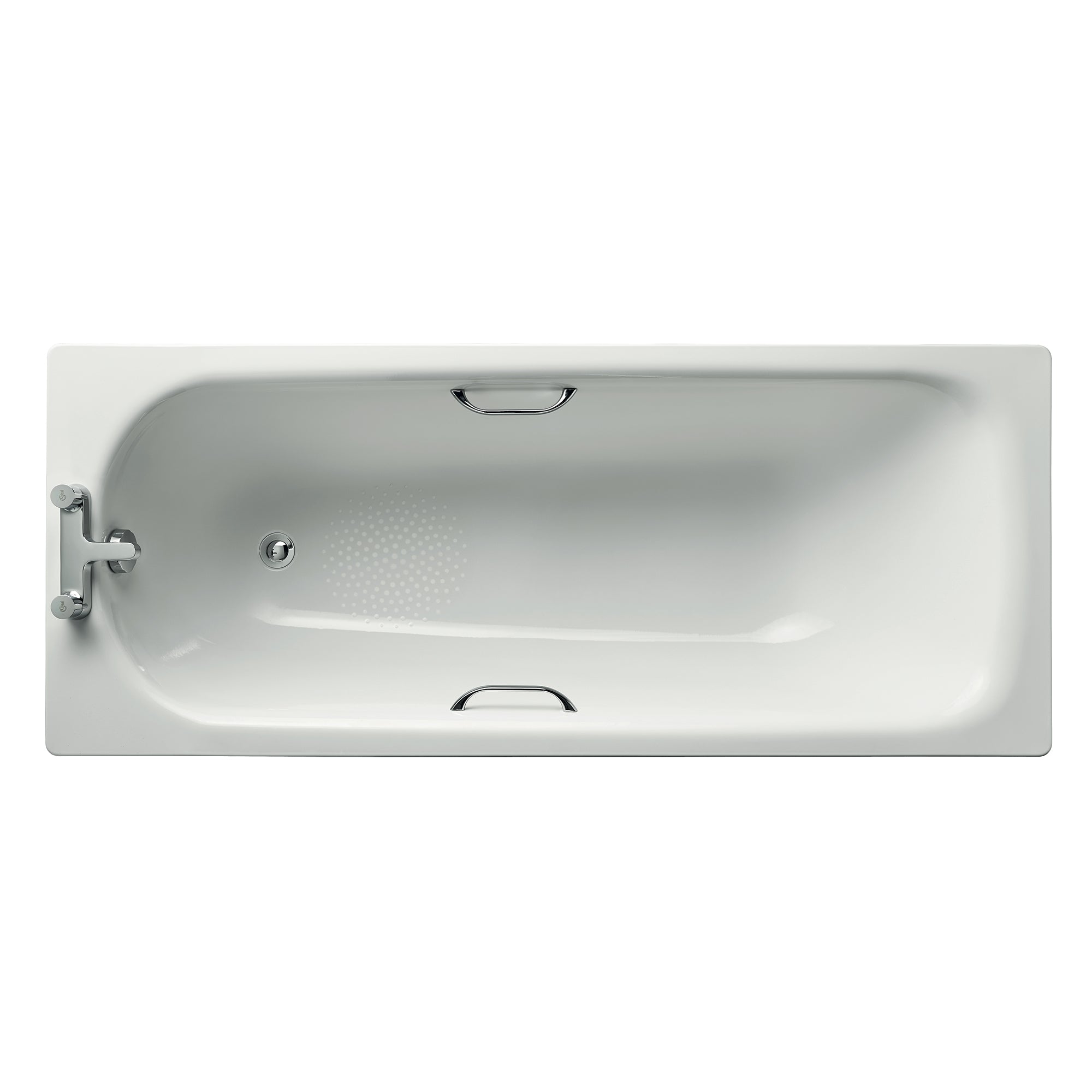 Simplicity standard gauge steel bath with chrome plated grips, anti slip and two tapholes