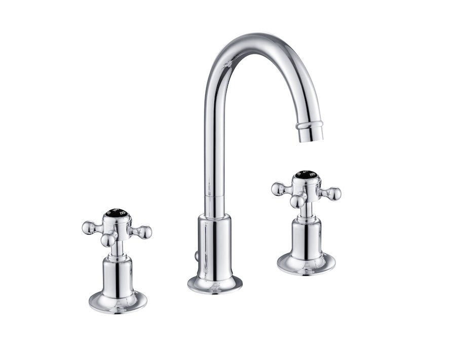 GROSVENOR 3 HOLE BASIN MIXER WITH SWIVEL SPOUT AND POP UP WASTE, BLACK INDICES
