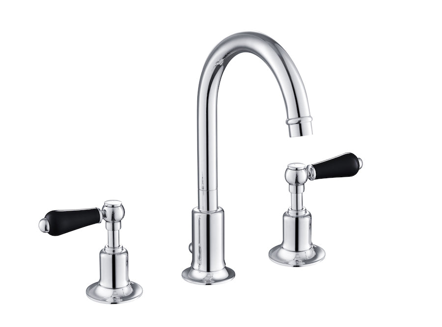GROSVENOR LEVER 3 HOLE BASIN MIXER WITH SWIVEL SPOUT AND POP UP WASTE, BLACK INDICES
