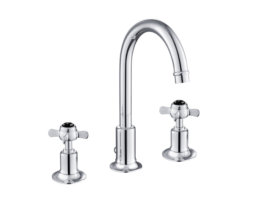 GROSVENOR PINCH 3 HOLE BASIN MIXER WITH SWIVEL SPOUT AND POP UP WASTE, BLACK INDICES