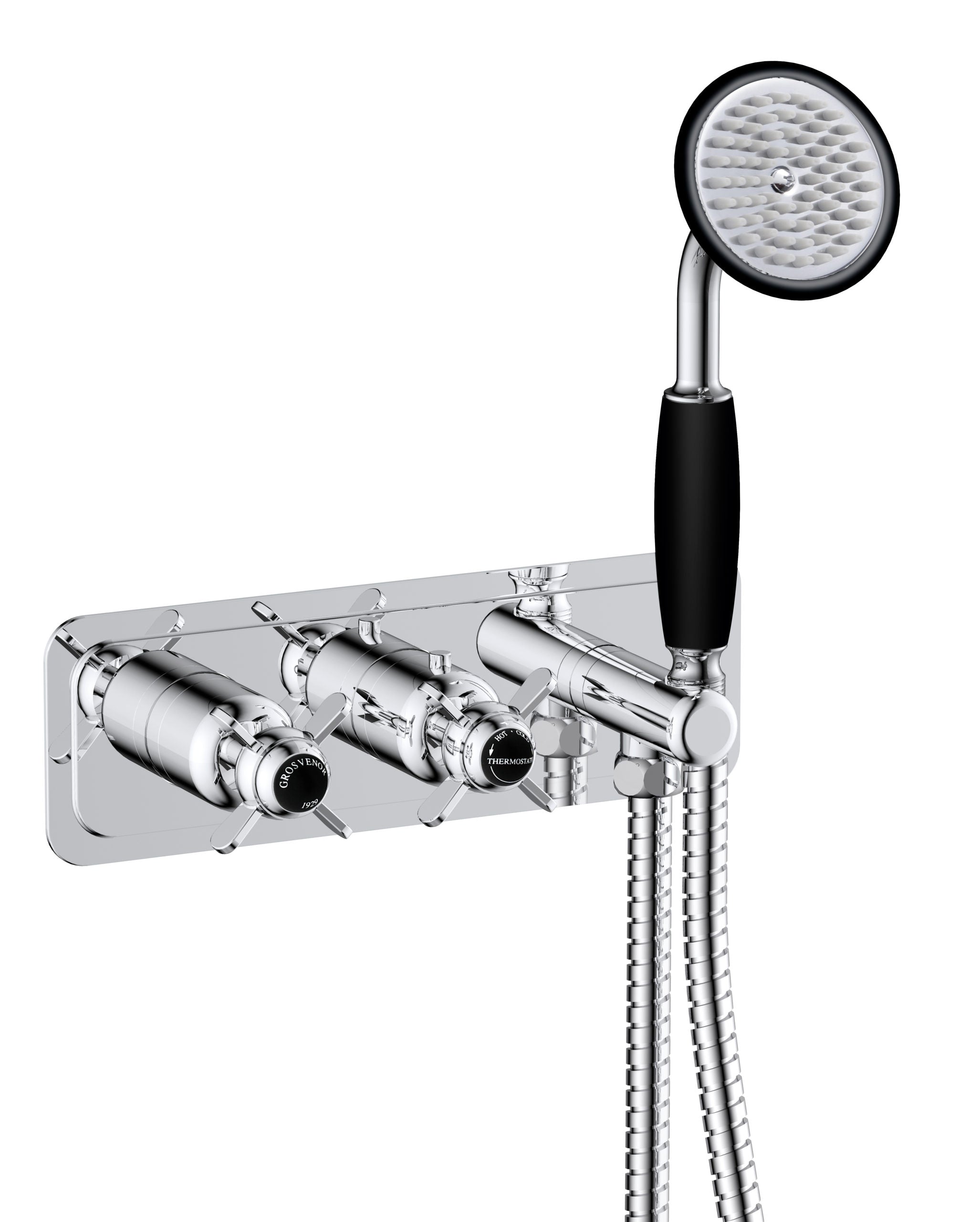 GROSVENOR PINCH THERMOSTATIC CONCEALED 2 OUTLET VALVE AND HANDSET ATTACHMENT, BLACK INDICES