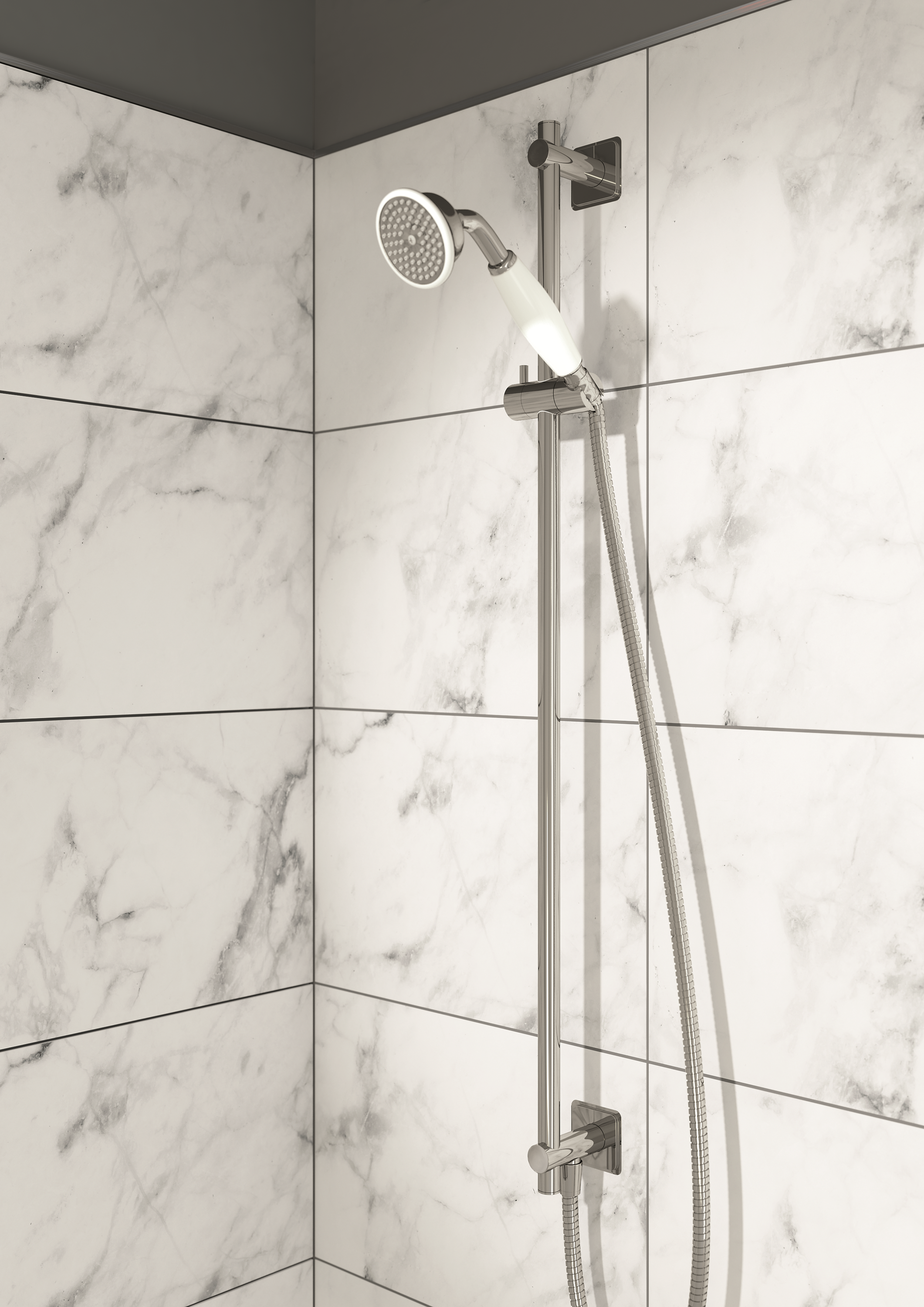 GROSVENOR SLIDE RAIL KIT WITH SINGLE FUNCTION HANDSET AND SHOWER HOSE, WITH BOTTOM OUTLET ENTRY. WITH WHITE HAND SET