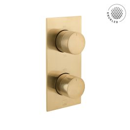 Tablet Knurled Vertical Concealed 2 Outlet, 2 Handle Thermostatic Valve with Knurled Handles Brushed Gold