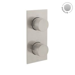 Tablet Knurled Vertical Concealed 2 Outlet, 2 Handle Thermostatic Valve with Knurled Handles Brushed Nickel