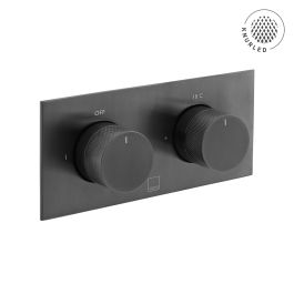 Tablet Knurled Horizontal Concealed 2 Outlet, 2 Handle Thermostatic Valve with Knurled Handles Brushed Black