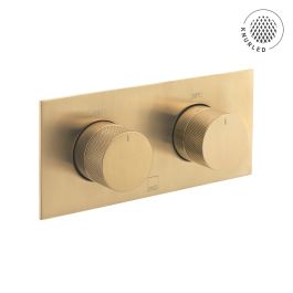 Tablet Knurled Horizontal Concealed 2 Outlet, 2 Handle Thermostatic Valve with Knurled Handles Brushed Gold