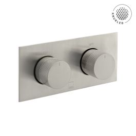 Tablet Knurled Horizontal Concealed 2 Outlet, 2 Handle Thermostatic Valve with Knurled Handles Brushed Nickel