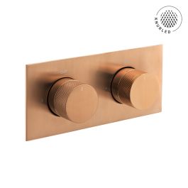 Tablet Knurled Horizontal Concealed 2 Outlet, 2 Handle Thermostatic Valve with Knurled Handles Brushed Bronze