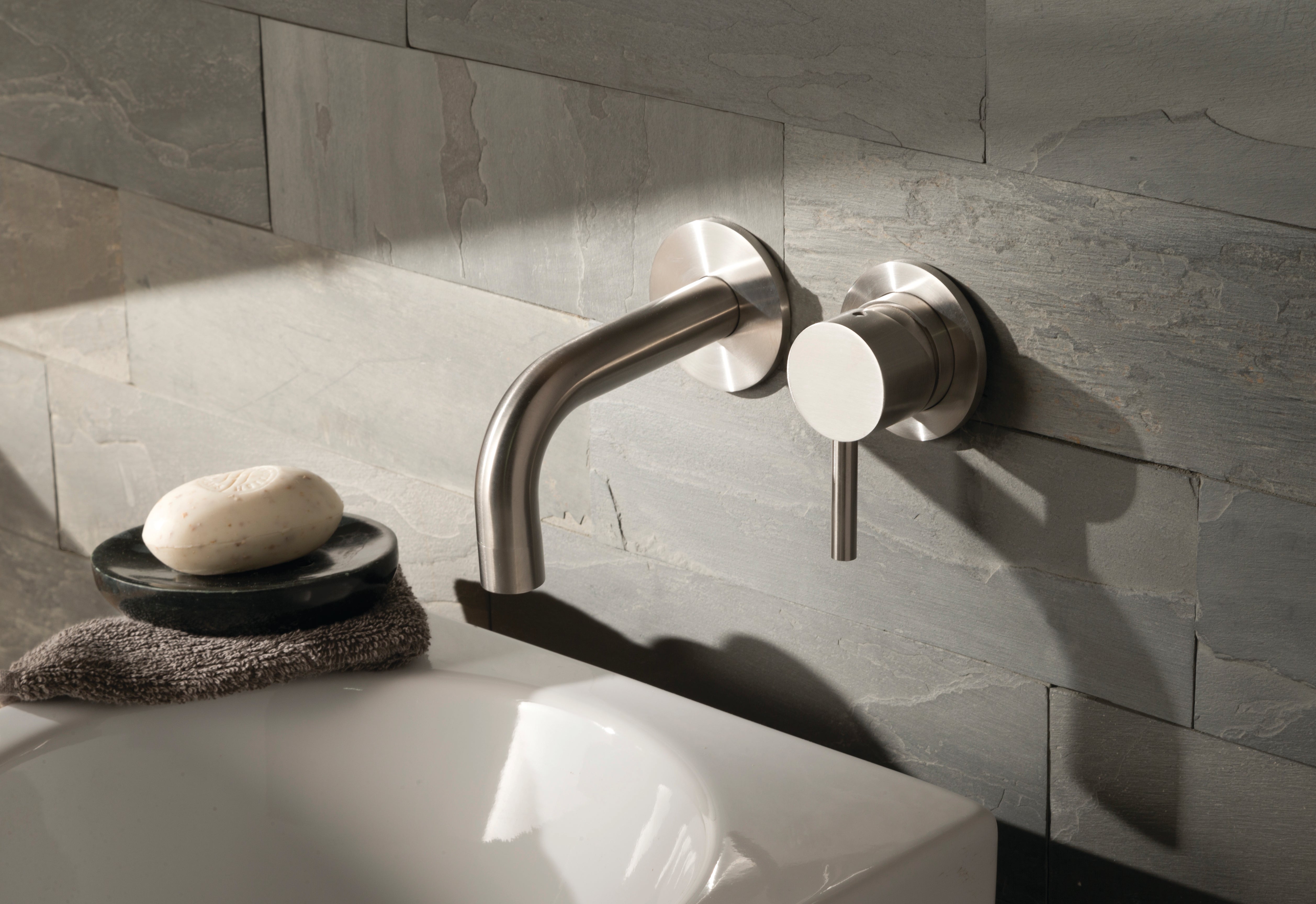 INOX 2 HOLE WALL MOUNTED SINGLE
 LEVER BASIN MIXER