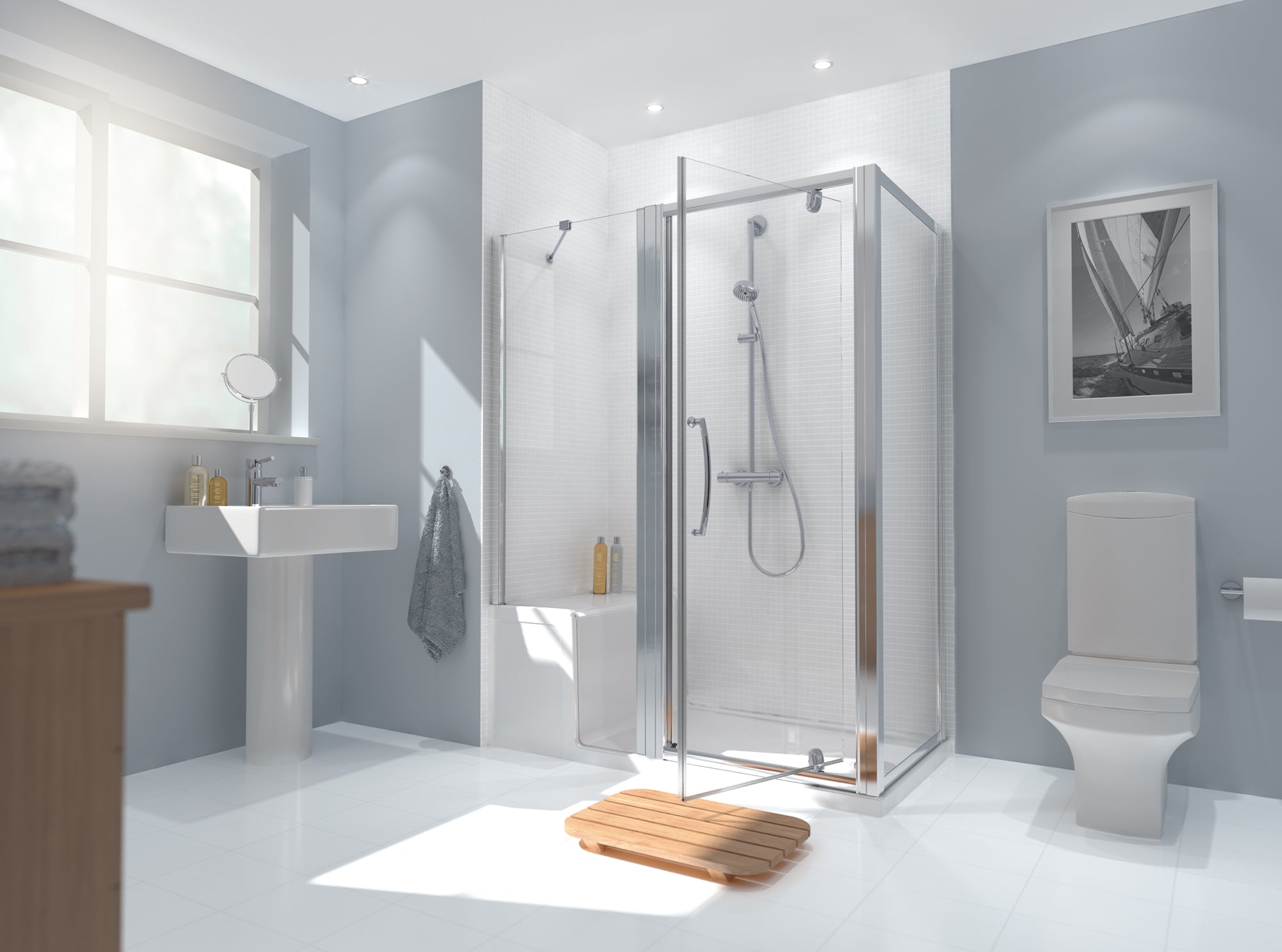 Seated Shower Tray & In-Line Panel with Pivot Door