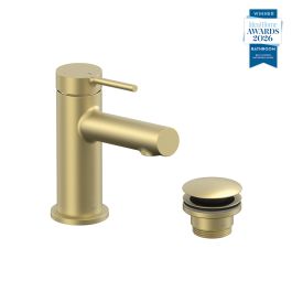 Safari Lever Cold Start Mini Mono Basin Mixer for Low Pressure System with Universal Basin Waste Satin Brass
