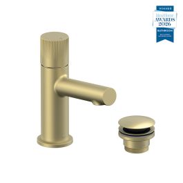 Safari Leverless Cold Start Mini Mono Basin Mixer for Low Pressure System with Universal Basin Waste Satin Brass