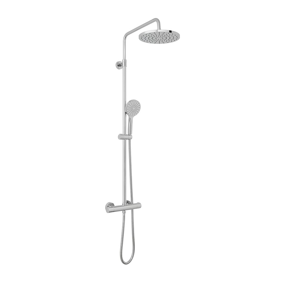 Velo Adjustable Round Thermostatic Shower Valve with Integrated Diverter and Rigid Riser with Single Function Shower Head and Shower Handset