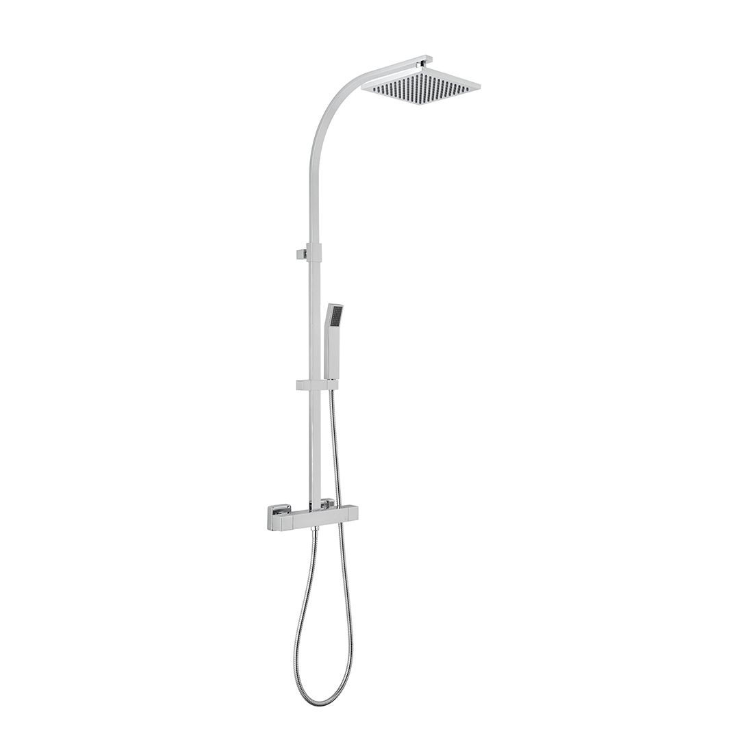Velo Adjustable Square Thermostatic Shower Valve with Integrated Diverter and Rigid Riser with Single Function Shower Head and Shower Handset