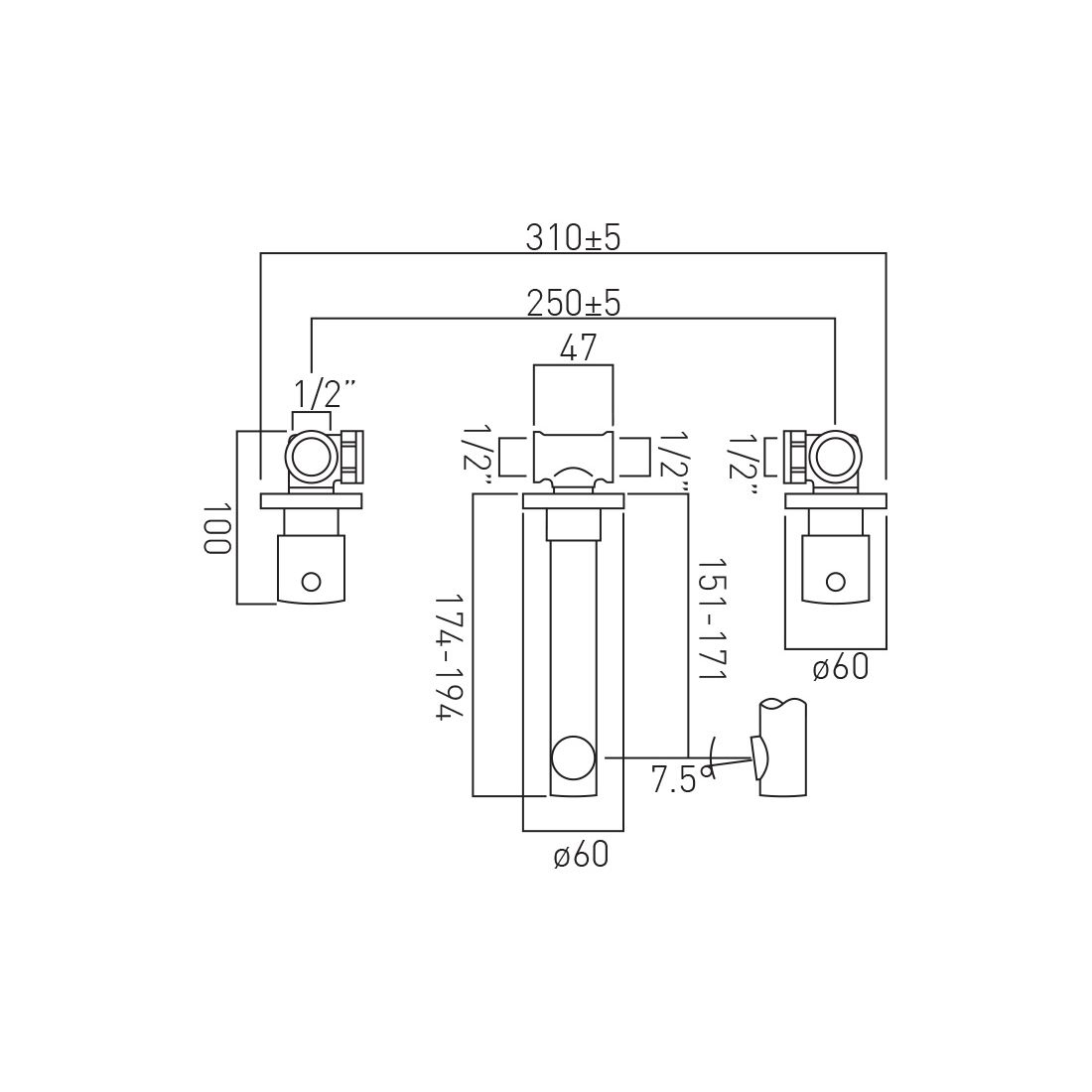 Zoo 3 Hole Basin Mixer Wall Mounted