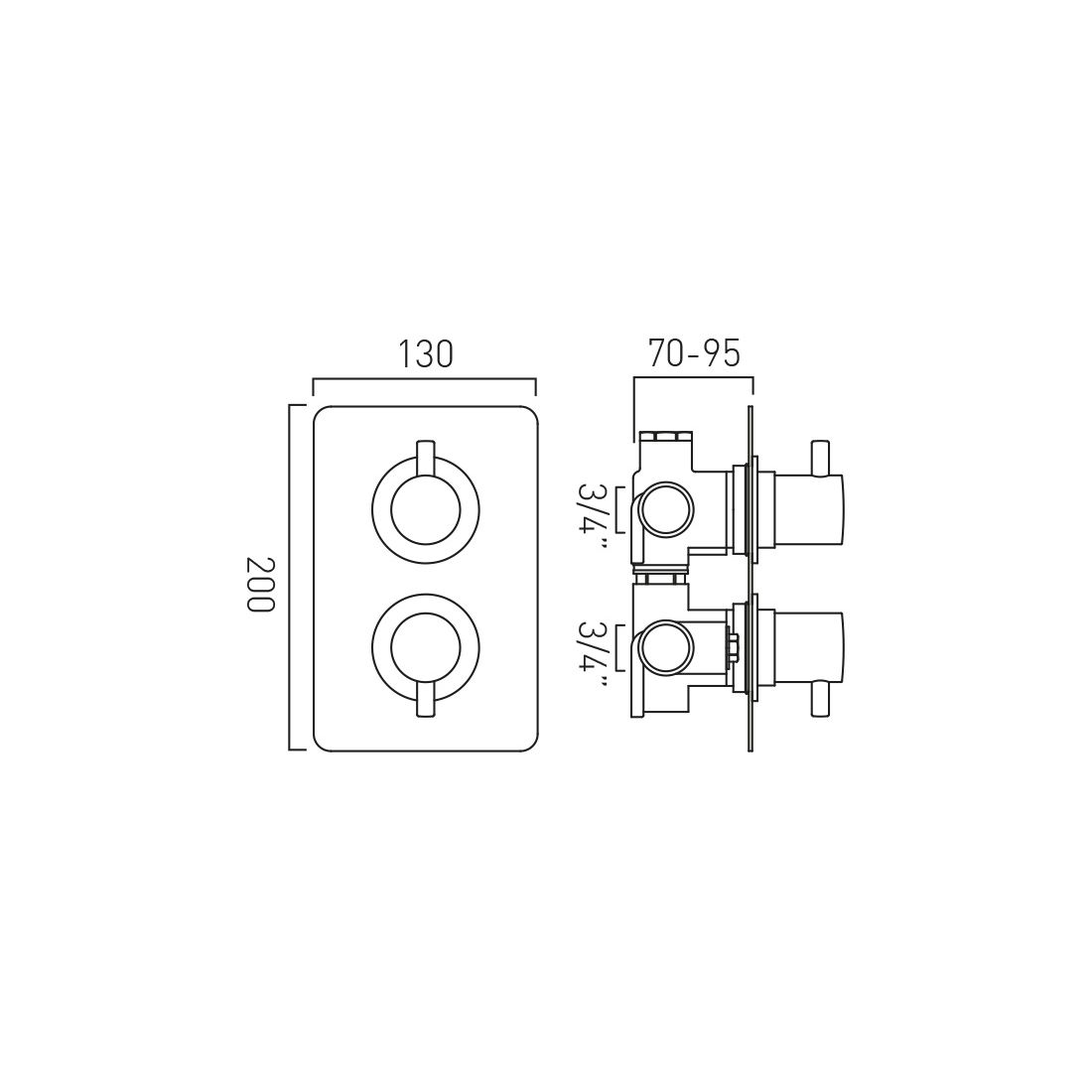 DX Celsius 2 Outlet 2 Handle Concealed Thermostatic Valve Soft Square Backplate