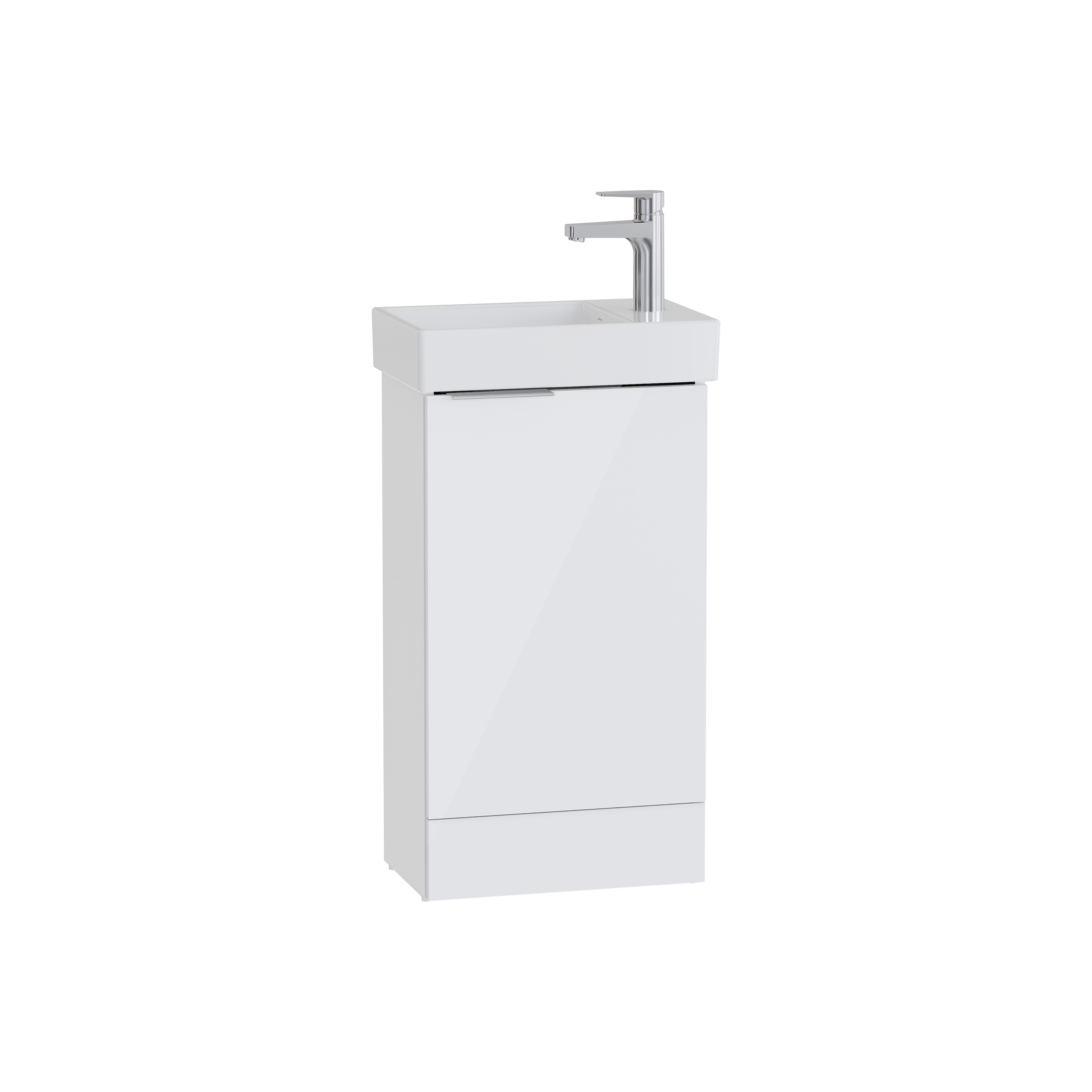S20 Square Washbasin Unit, 45 cm, with one door, floorstanding, white high gloss, right, without siphon