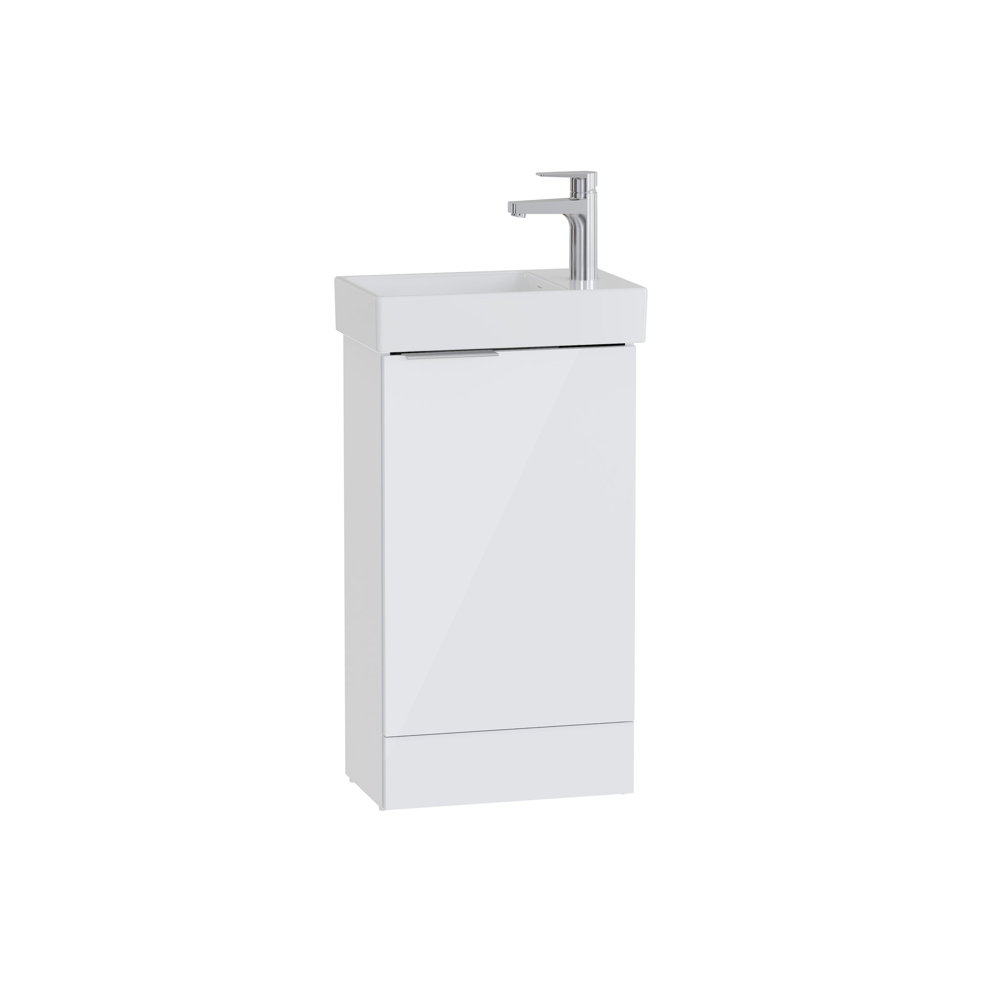 S20 Square Washbasin Unit, with one door, floorstanding, white high gloss, right, without siphon