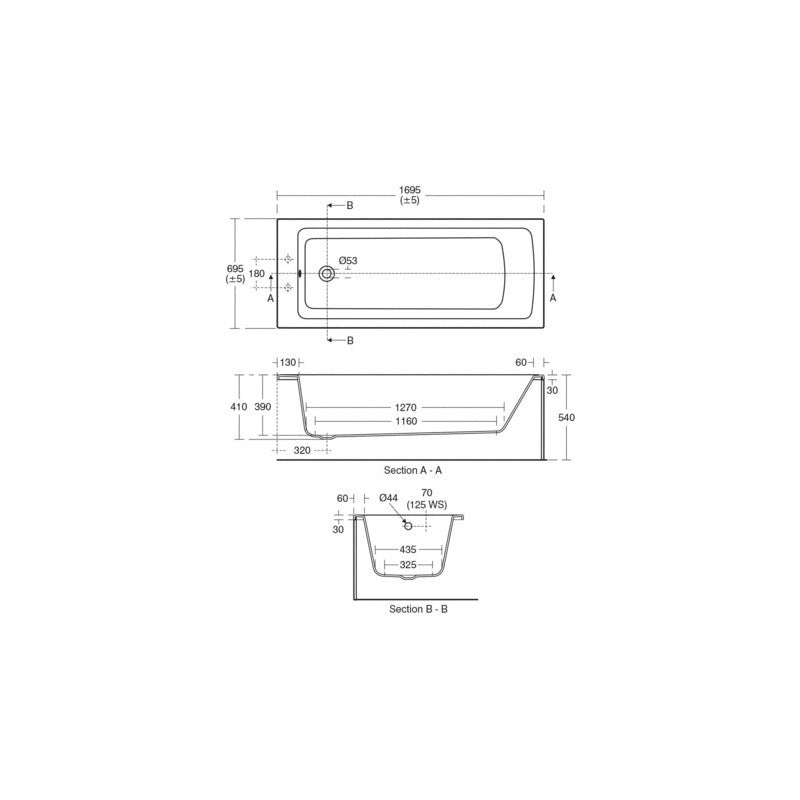 Tempo Regular bath 1690x690x540 mm, no tap hole, with overflow, no waste