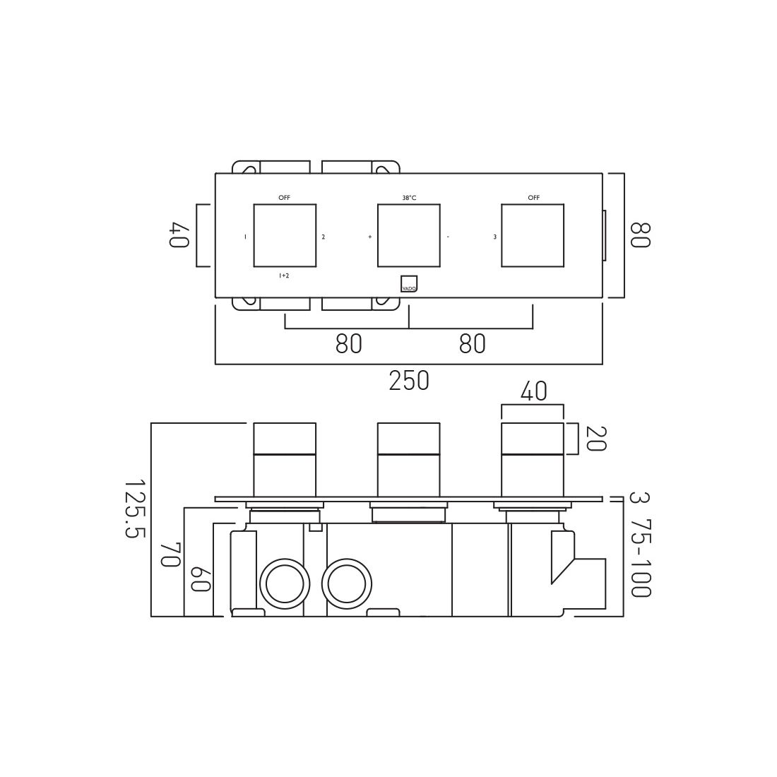 Tablet Notion 3 Outlet 3 Handle Concealed Thermostatic Valve Horizontal