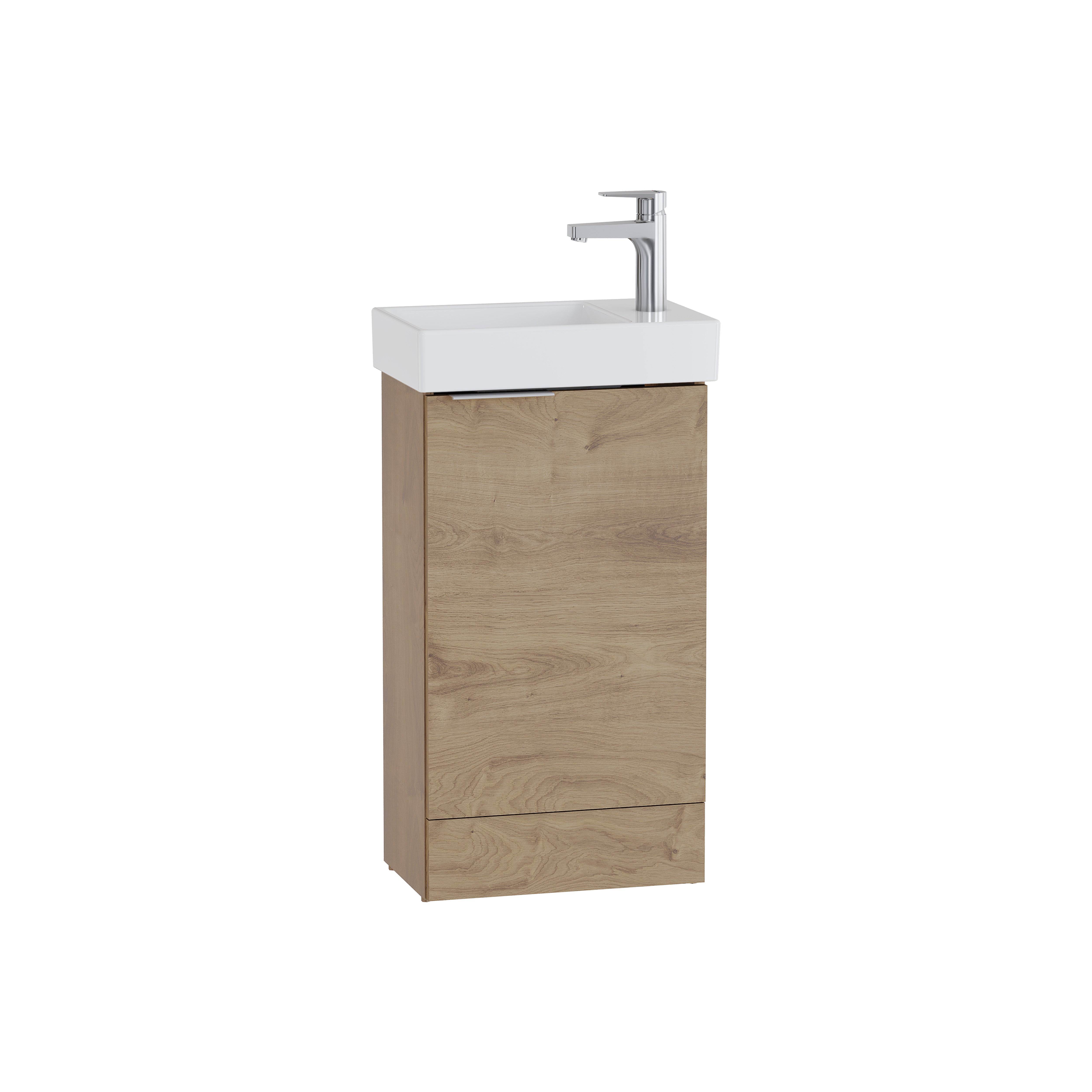 S20 Square Washbasin Unit, with one door, floorstanding, maple oak, right, without siphon